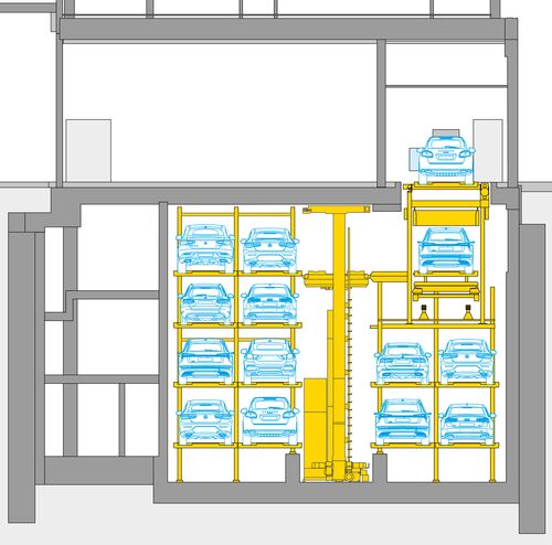 The diagram shows the arrangement of cars in a parking system