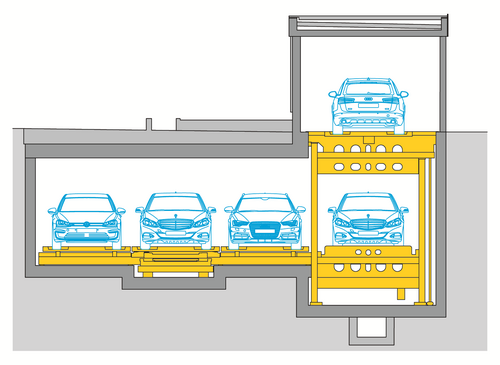 The diagram shows a cross-section of the parking system with a transfer cabin