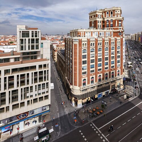 Aerial view of the Gran Via Capital building in Madrid