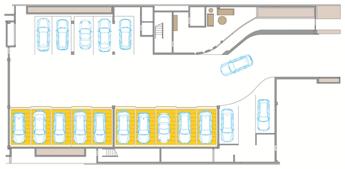 The image shows a schematic representation of a parking garage with parking spaces and vehicles.