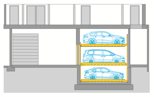 The image shows a cross-sectional view of a parking system with three vehicles arranged on top of each other.