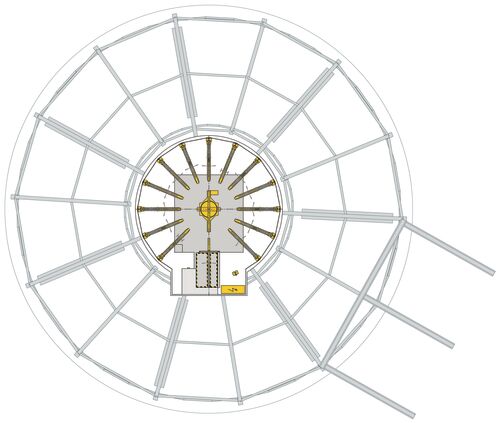 Top view of the staggered levels of a bicycle parking system